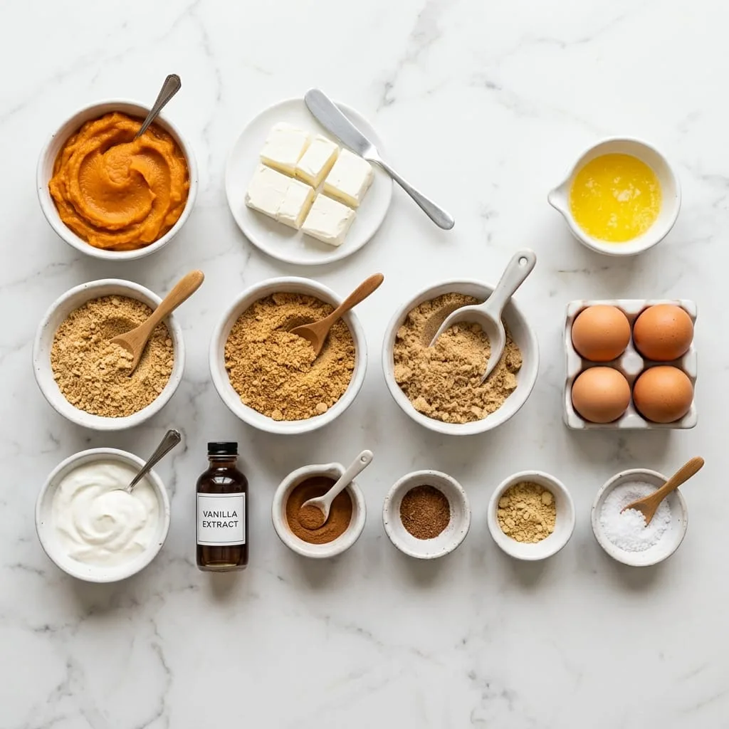 Sweet potato cheesecake ingredients laid out on white marble countertop