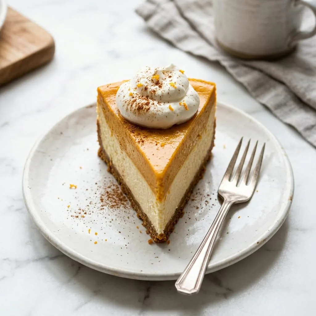 Slice of two-layer Sweet Potato Cheesecake with whipped cream and cinnamon