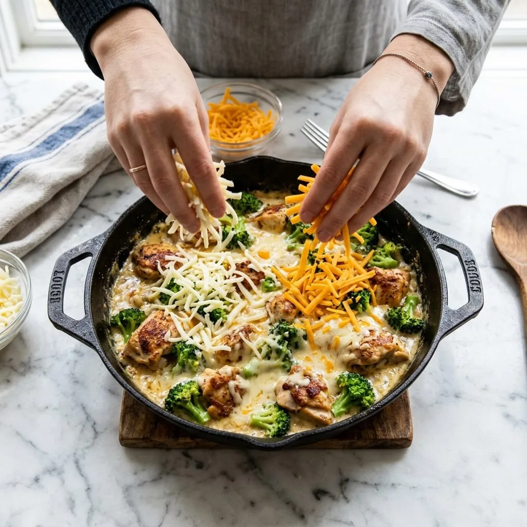 Sprinkling shredded mozzarella and cheddar over chicken and broccoli