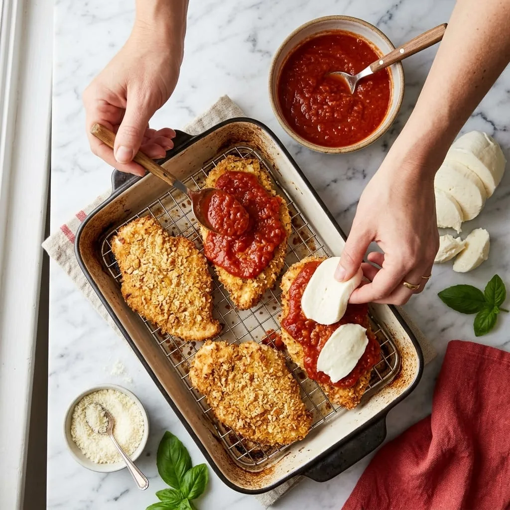 Spooning marinara sauce and placing mozzarella slices on chicken