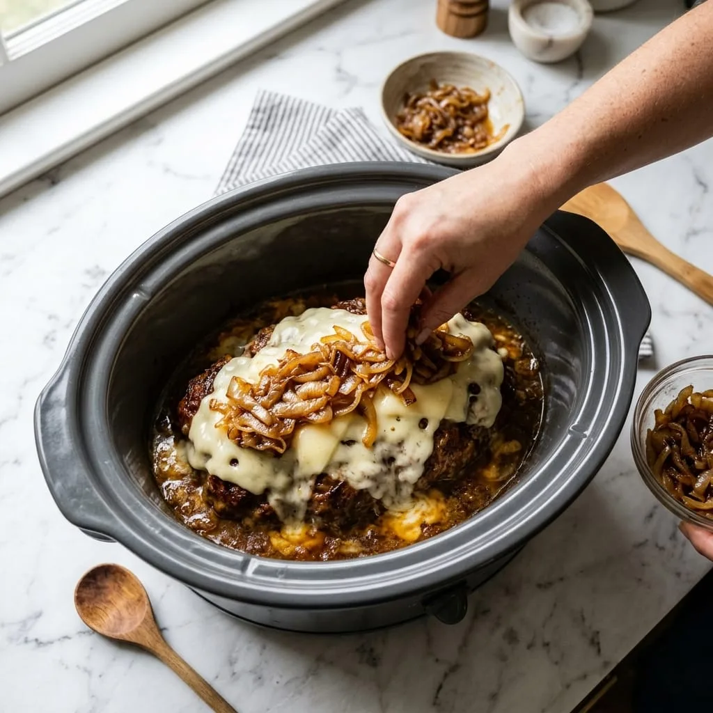 Topping cooked meatloaf in slow cooker with Swiss cheese and caramelized onions