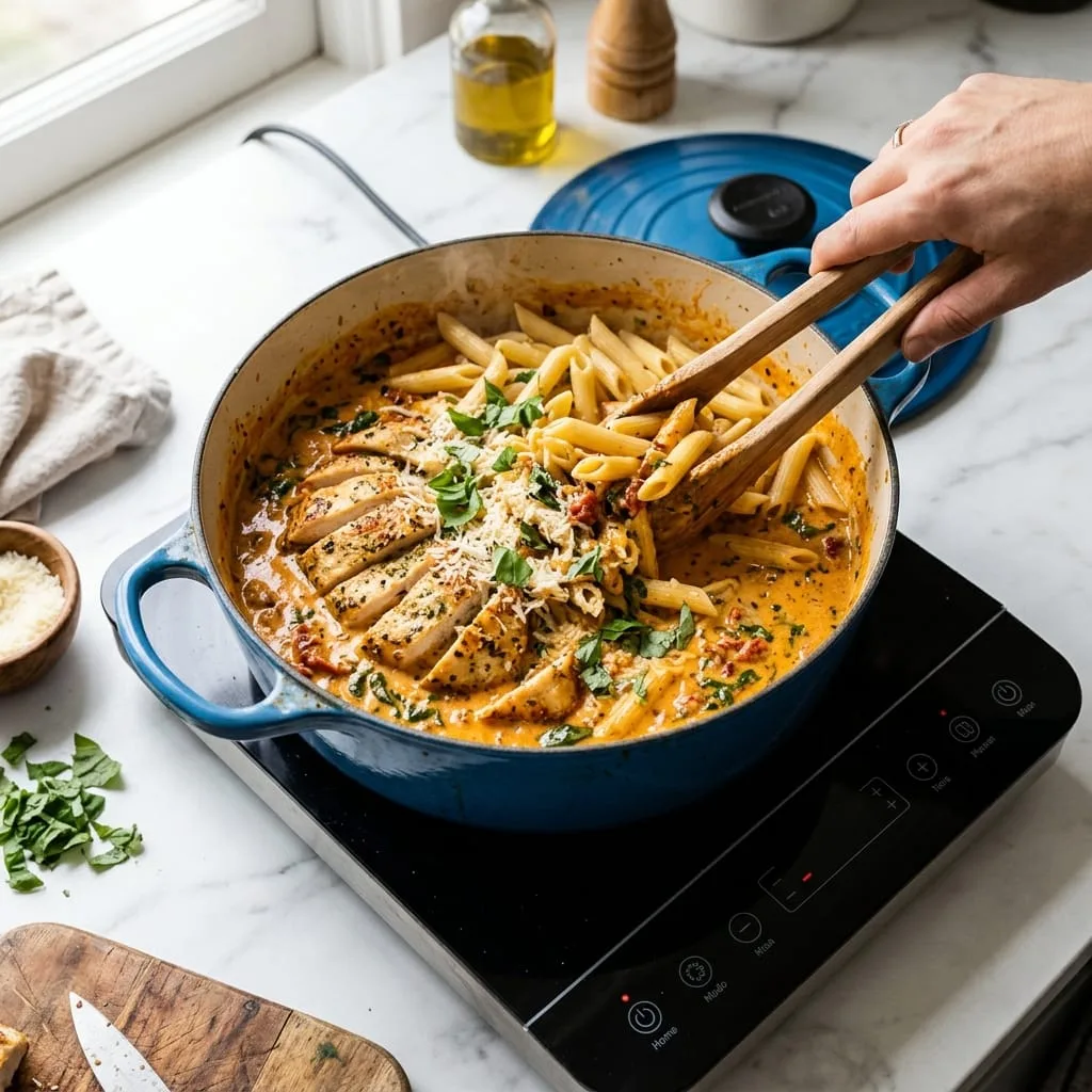 Tossing penne pasta and sliced chicken in sun-dried tomato cream sauce
