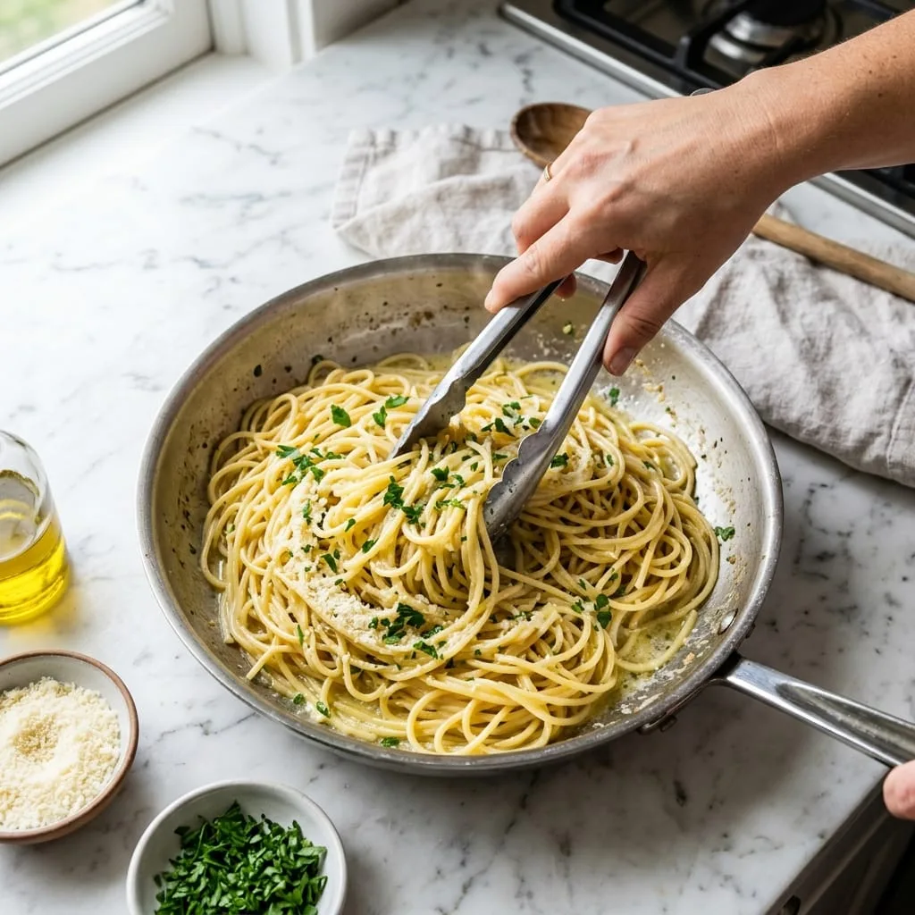 Tossing spaghetti with garlic butter, pasta water, and parmesan cheese