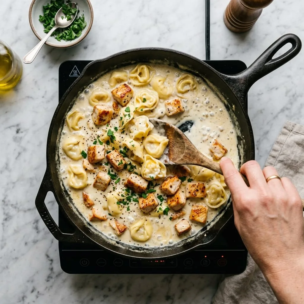 Folding cheese tortellini and chicken into bubbling Alfredo sauce