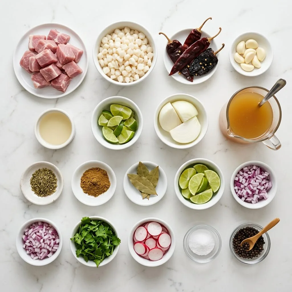 Pozole rojo ingredients laid out on white marble countertop