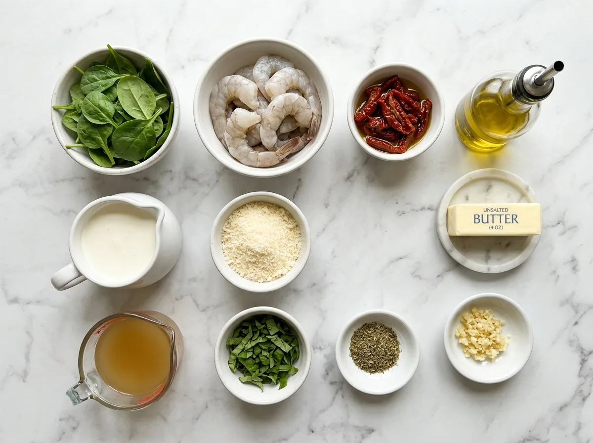 Tuscan Shrimp ingredients laid out on white marble counter