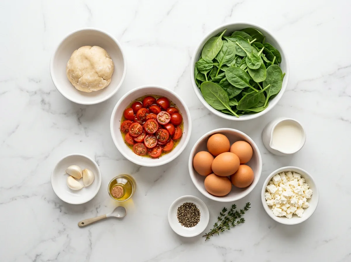 Vegetarian Quiche ingredients laid out on white marble counter