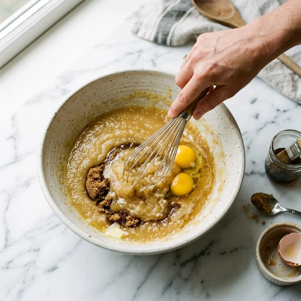 Whisking applesauce, melted butter, brown sugar, and eggs in ceramic bowl