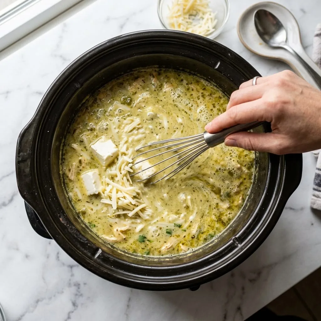 Whisking cream cheese and Monterey Jack into hot soup