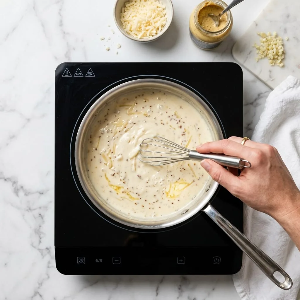 Whisking Dijon cream sauce in saucepan