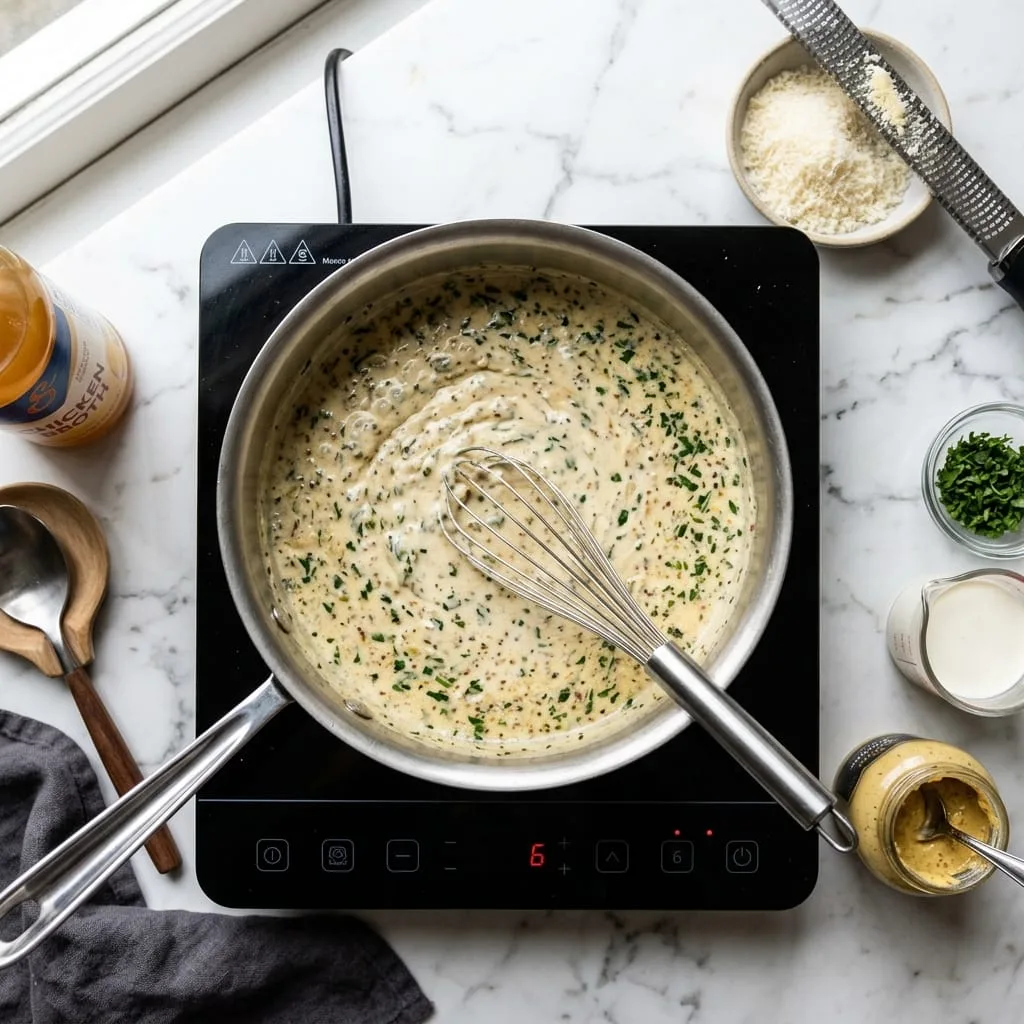 Whisking creamy garlic Dijon herb sauce in saucepan