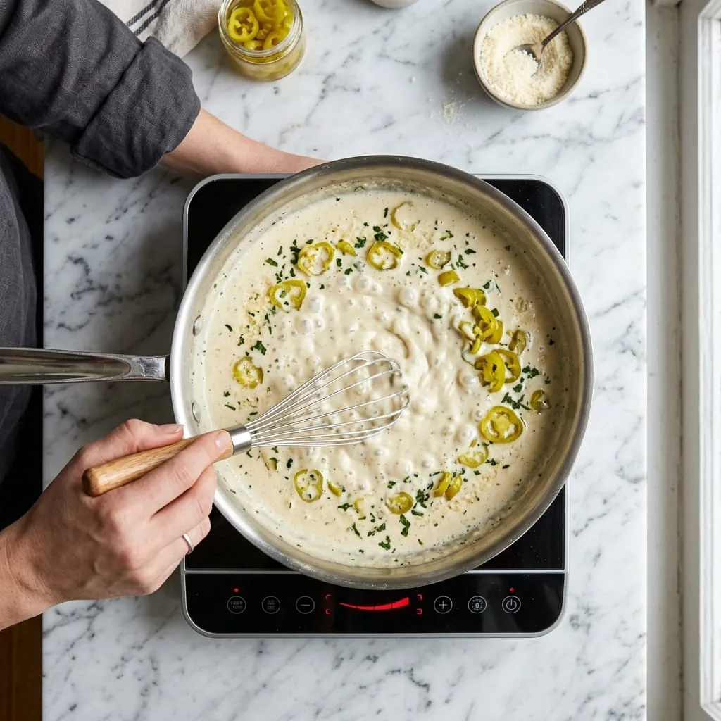 Whisking heavy cream and parmesan into velvety sauce