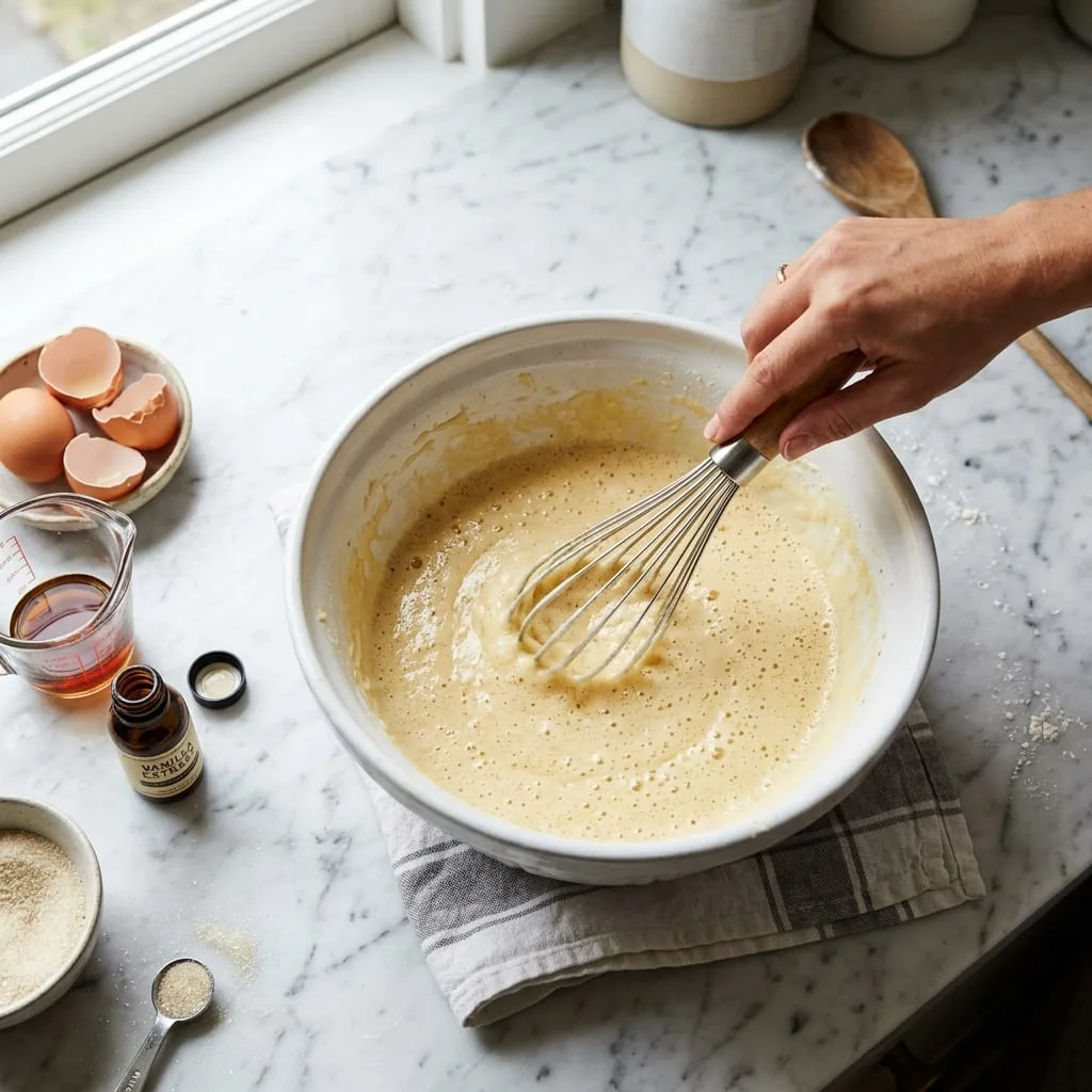 Whisking eggs, sugar, melted butter, dark rum, and vanilla into pale cake batter