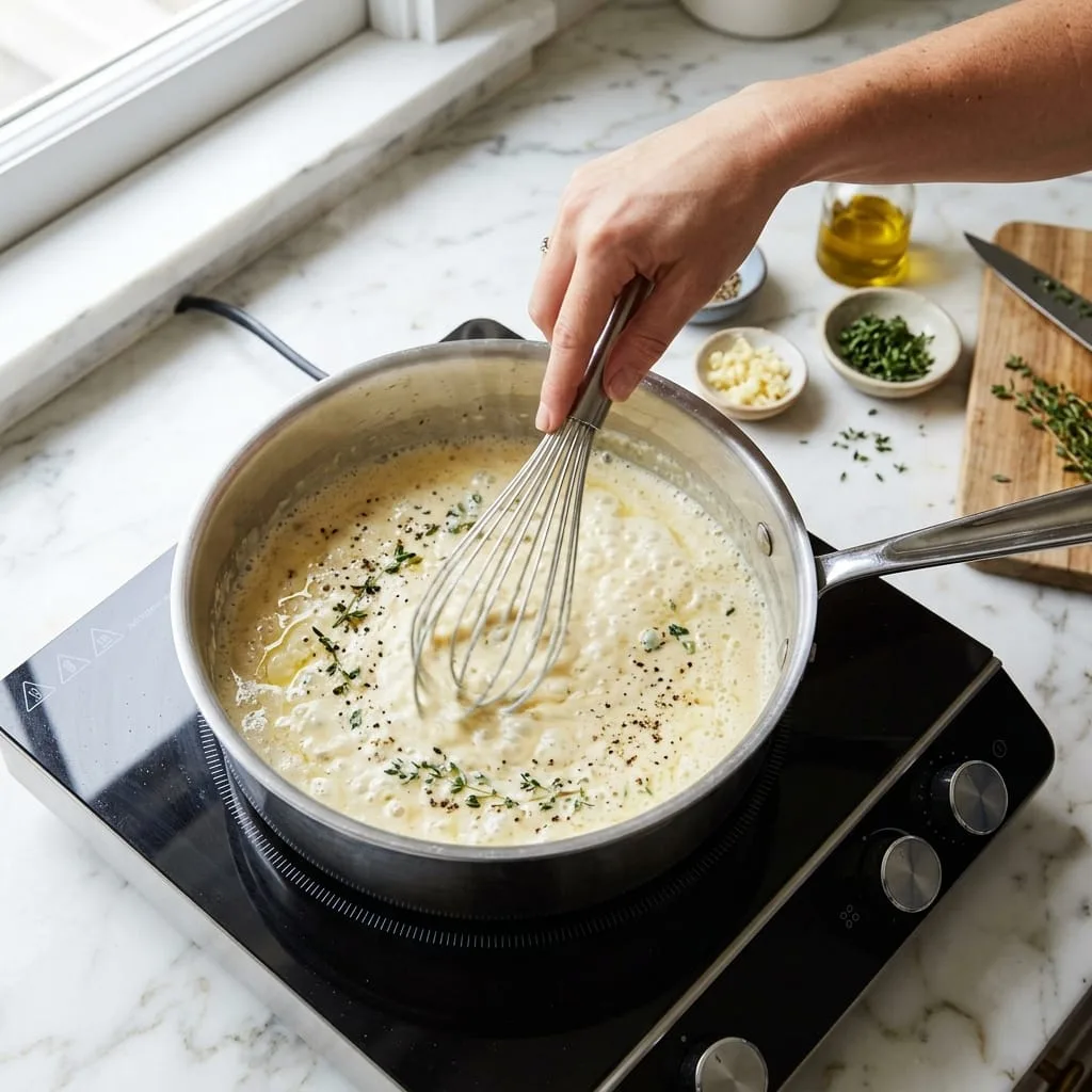 Whisking heavy cream, butter, garlic, and fresh thyme in saucepan