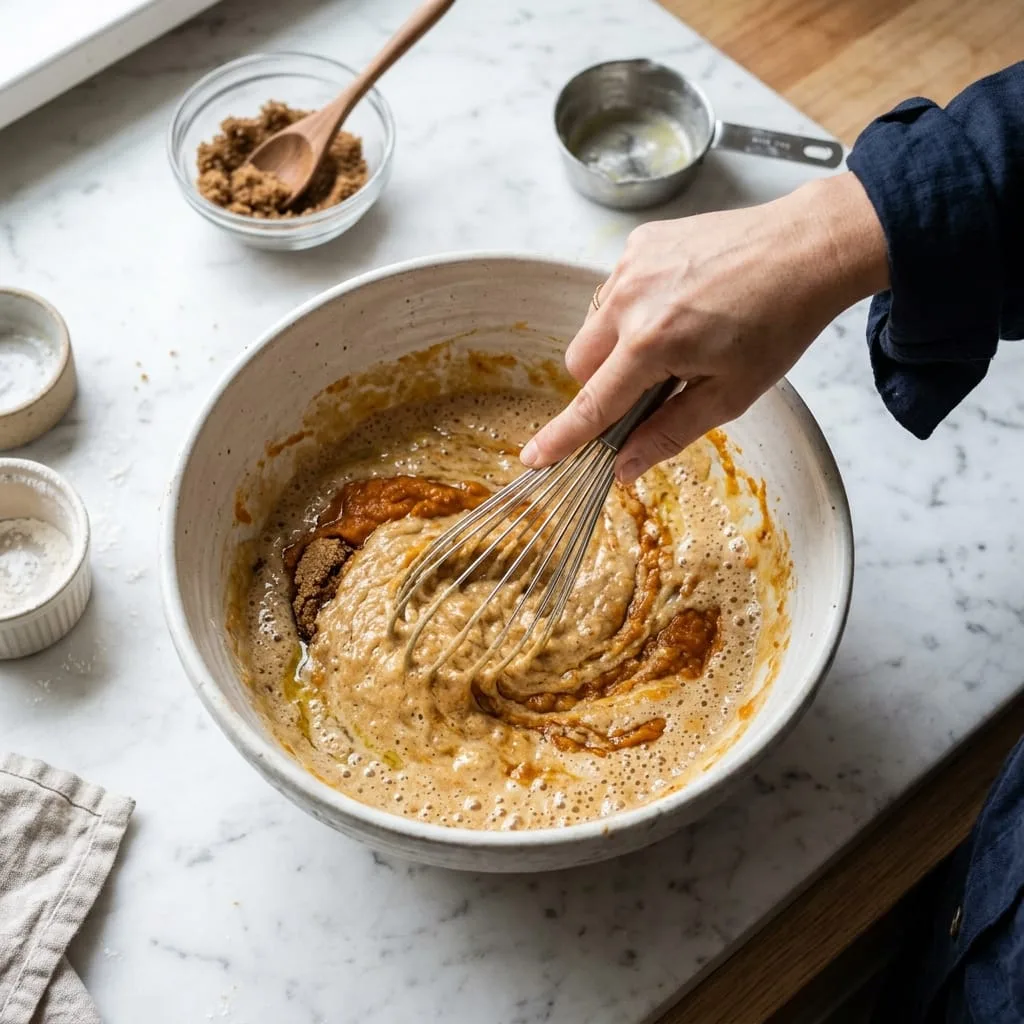 Whisking sourdough starter discard, pumpkin puree, and brown sugar in bowl