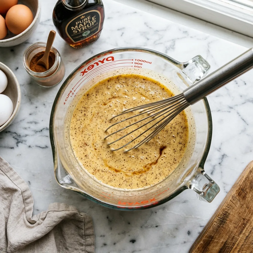 Whisking eggs, milk, cream, maple syrup, and cinnamon into rich custard in glass pitcher