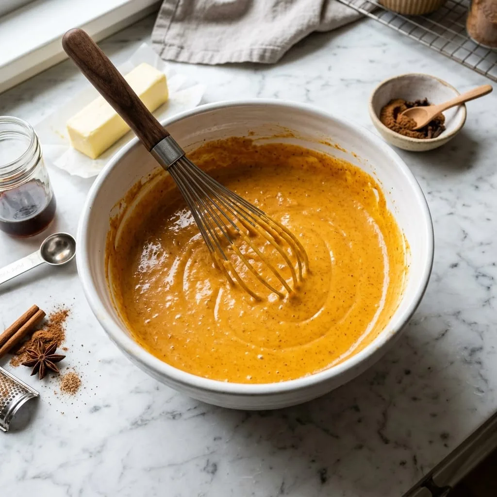 Whisking spiced pumpkin cream cheese filling in ceramic bowl