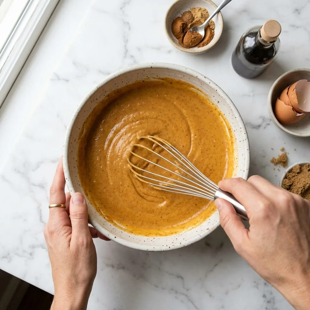 Whisking pumpkin puree, evaporated milk, and eggs in bowl