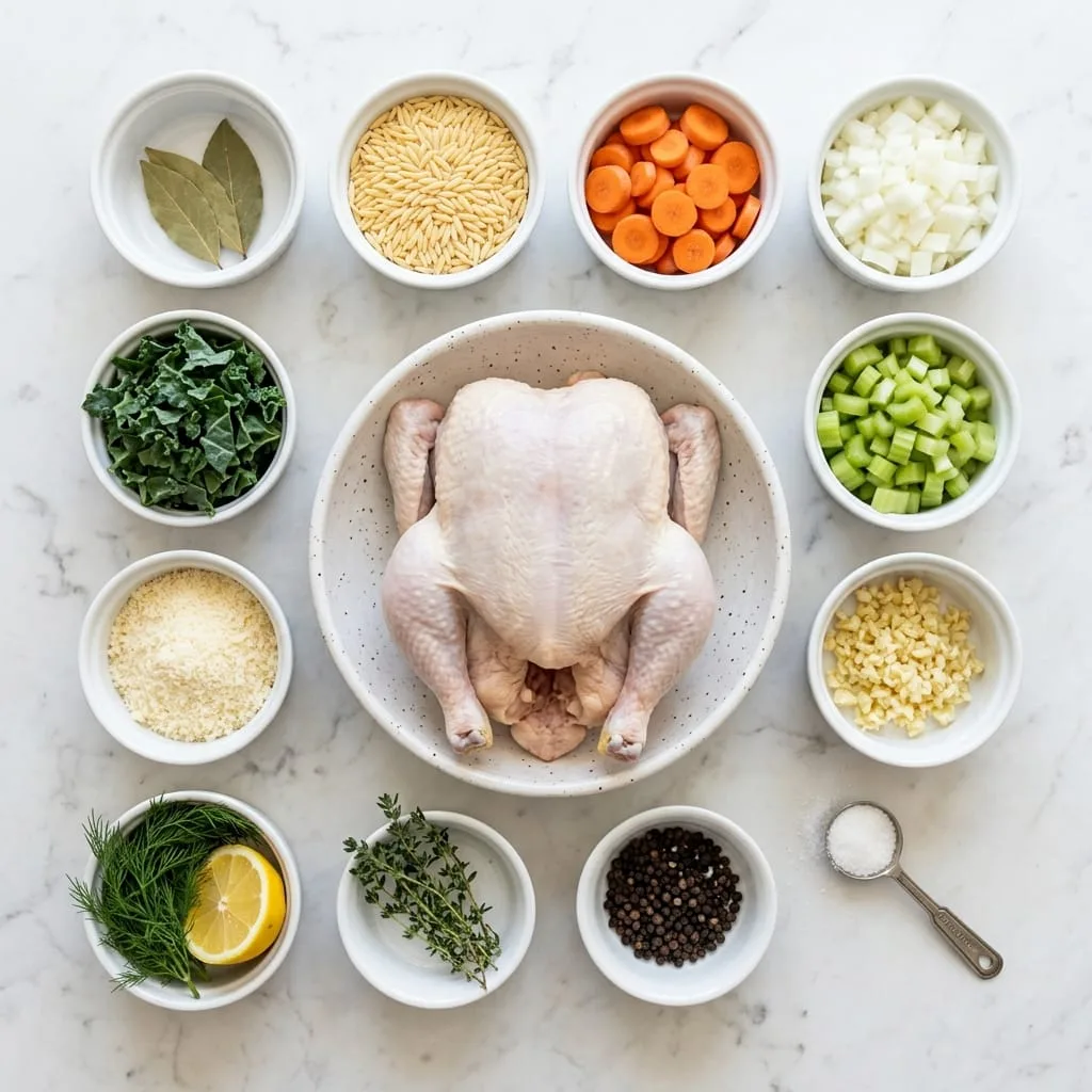 Whole chicken orzo soup ingredients laid out on white marble countertop
